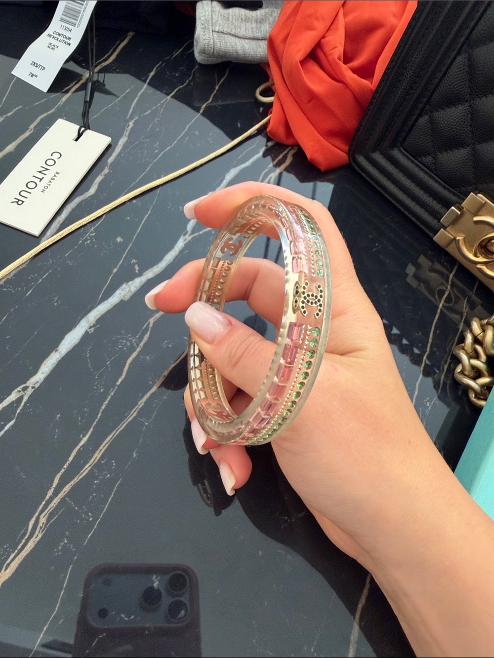 CHANEL Clear Resin Bangle with Pink and Green Crystals - Picture 2 of 2